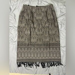 Talbots Woman Petites Wool Paisley Brown Fringe Hem Straight Skirt Sz 14W Boho